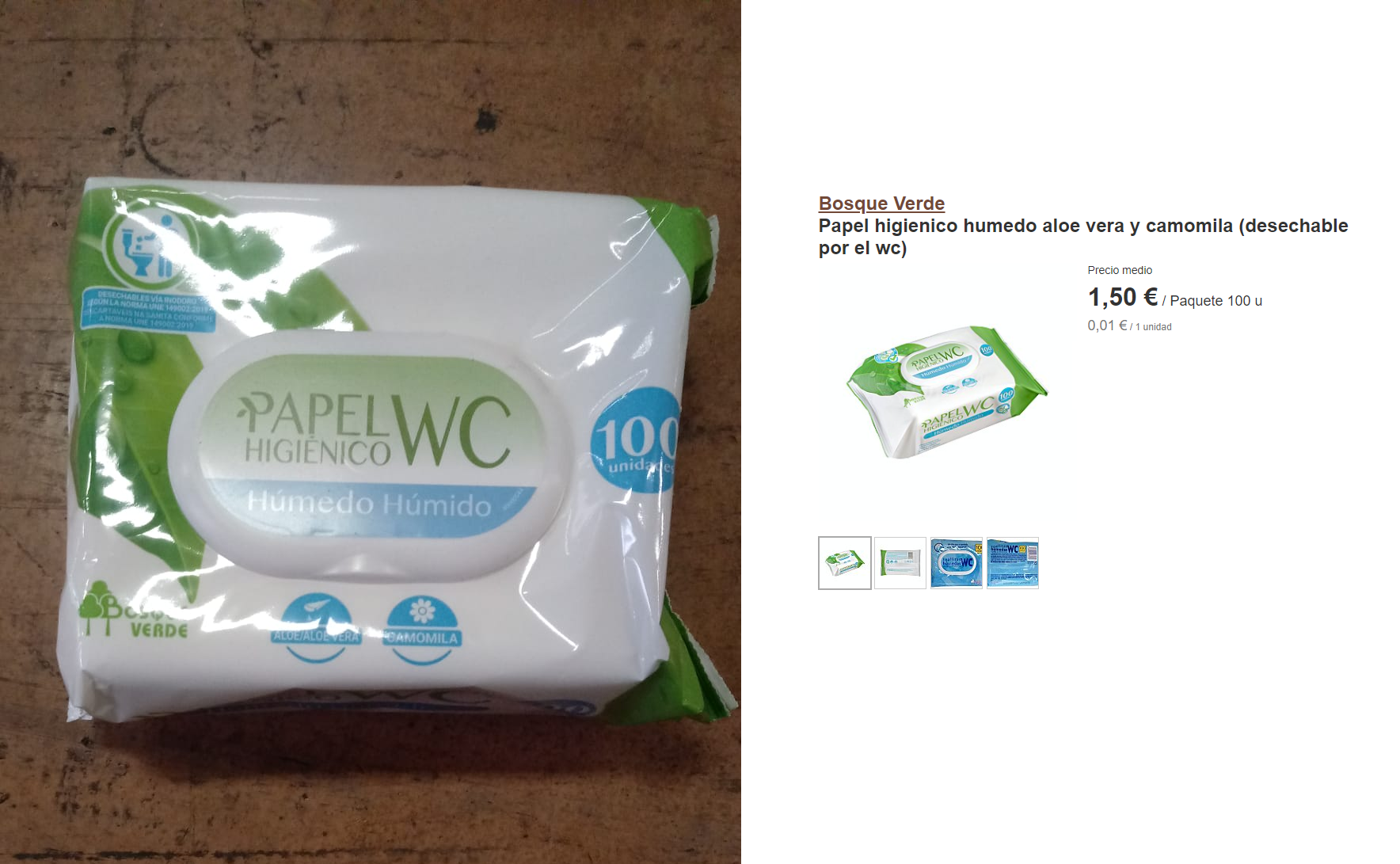 Bosque Verde Papel higienico humedo aloe vera y camomila (desechable por el  wc) Paquete 100 u